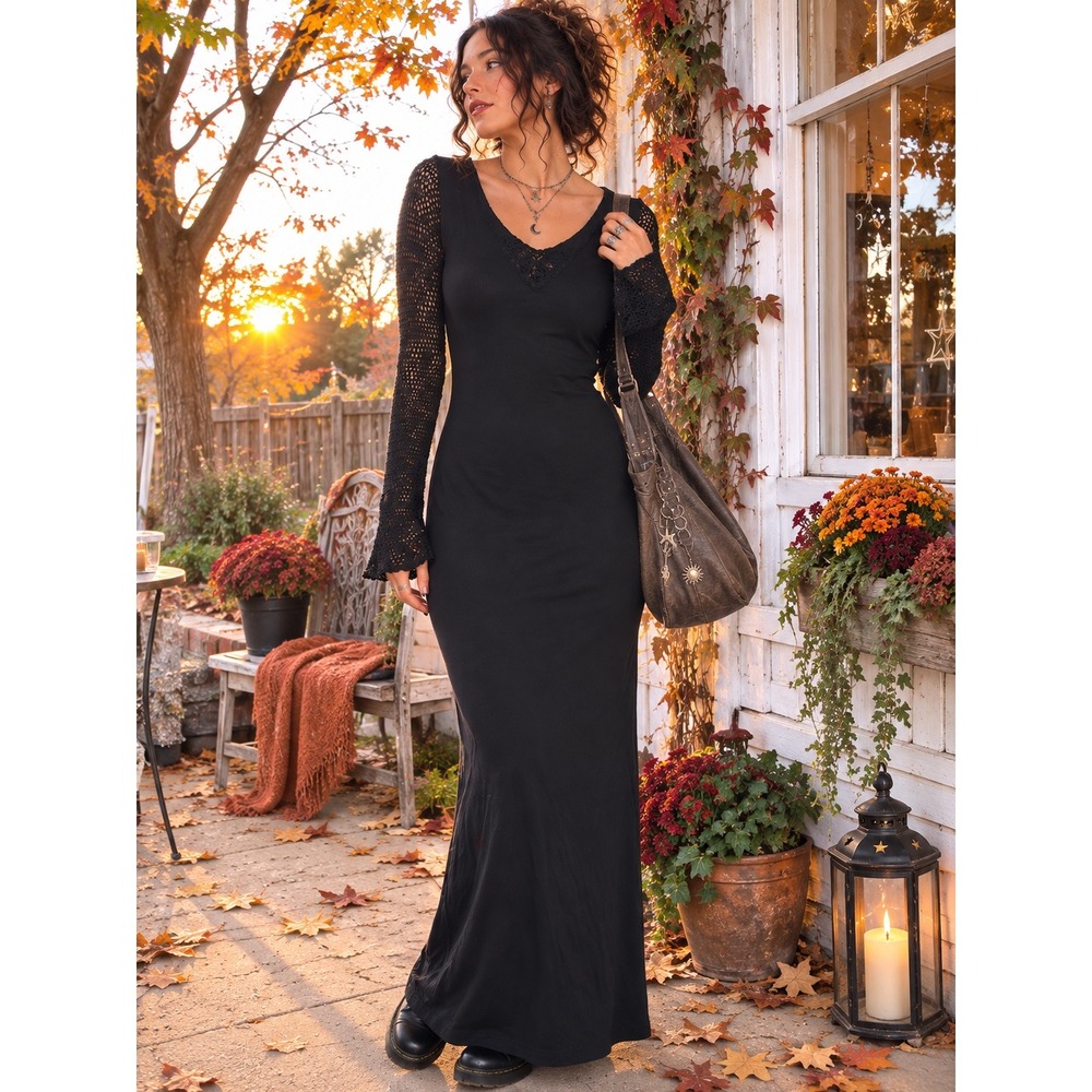 Black Crochet Bell Sleeve Maxi Dress Whimsygoth Y2K Romantic Goth Bodycon Sz S